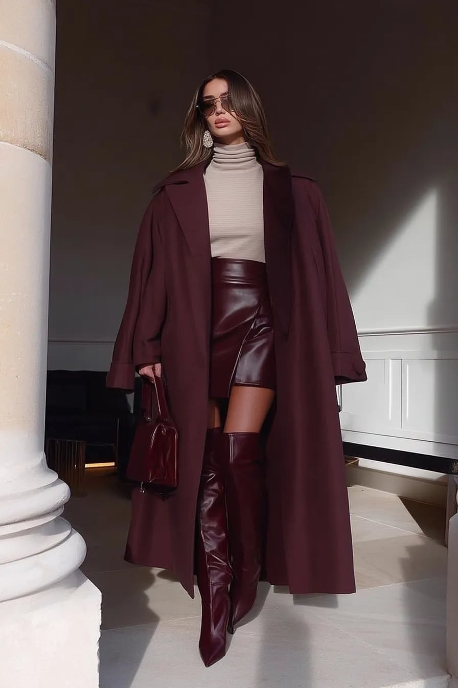 Burgundy Boots with Mini Skirt and Trench Coat — Burgundy Boots Outfit