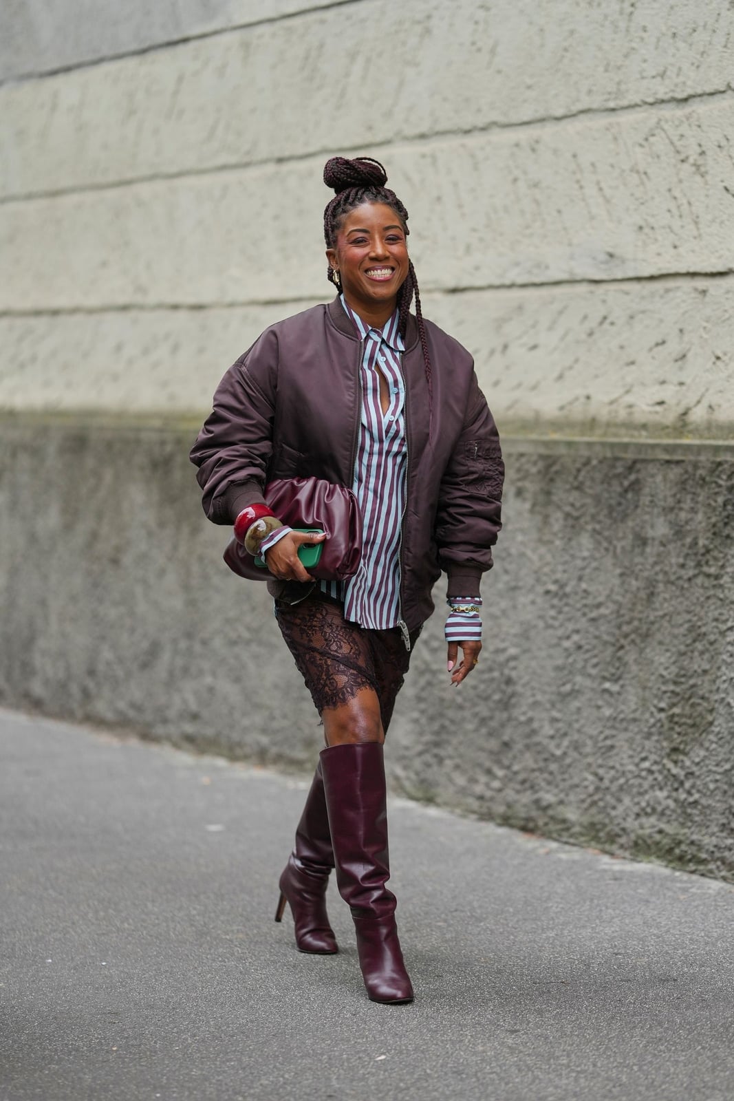 Burgundy Boots with Slip Dress and Bomber Jacket — Burgundy Boots Outfit
