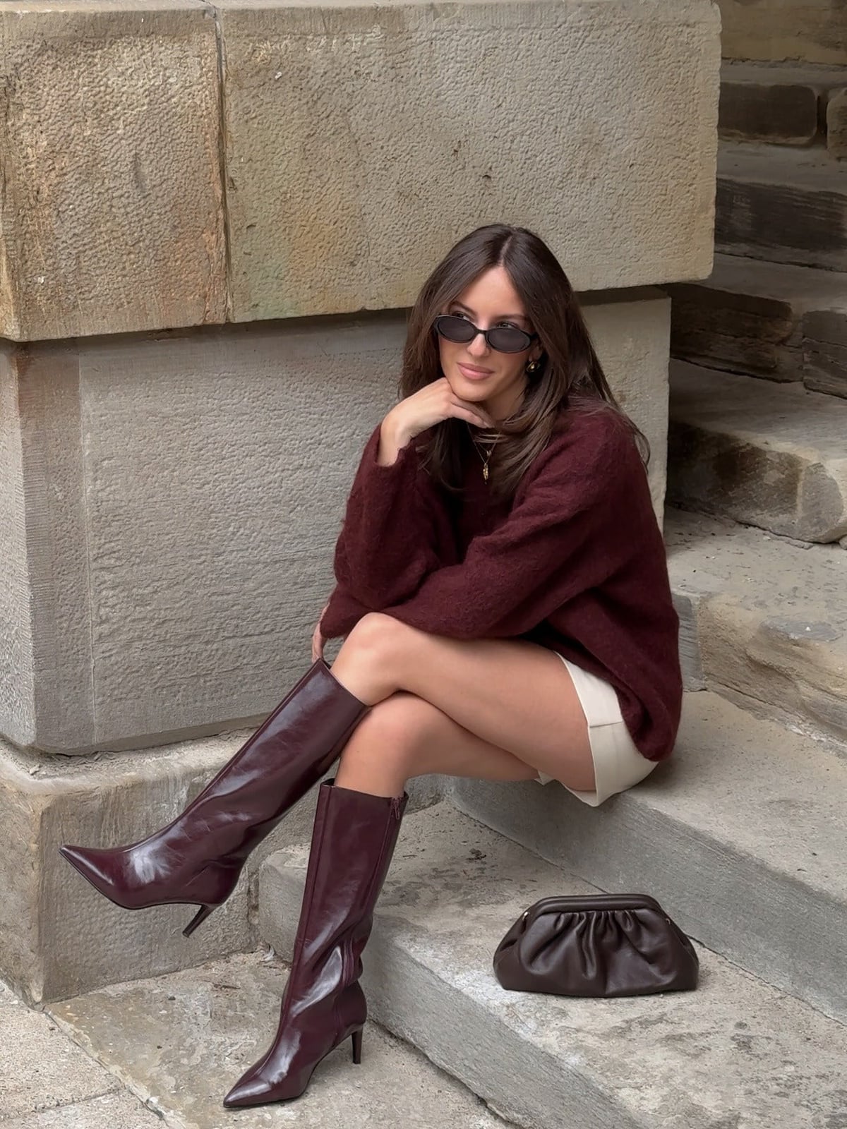 Burgundy Boots with Knit Sweater and White Shorts — Burgundy Boots Outfit