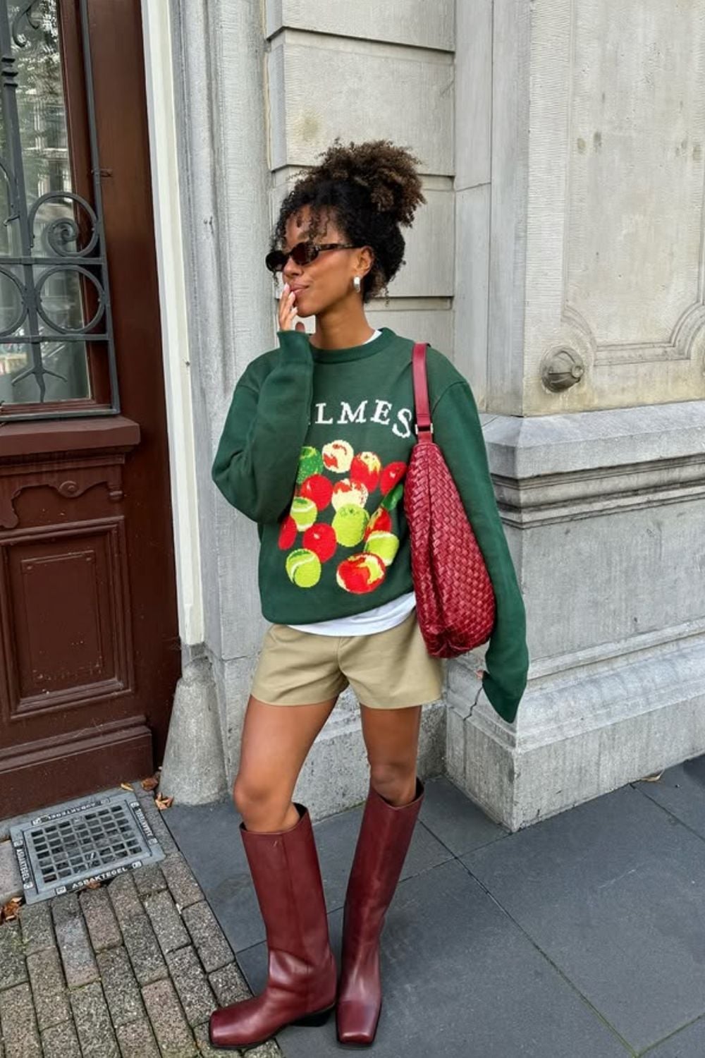 Burgundy Boots with Graphic Sweatshirt and Shorts — Burgundy Boots Outfit