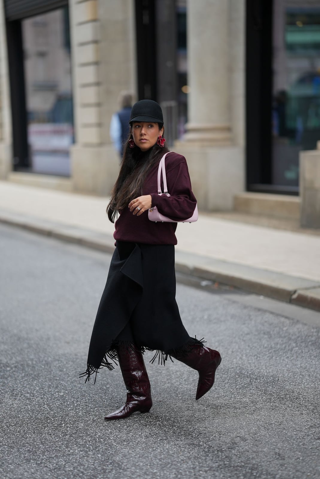 Burgundy Boots with Fringe Skirt and Sweater — Burgundy Boots Outfit