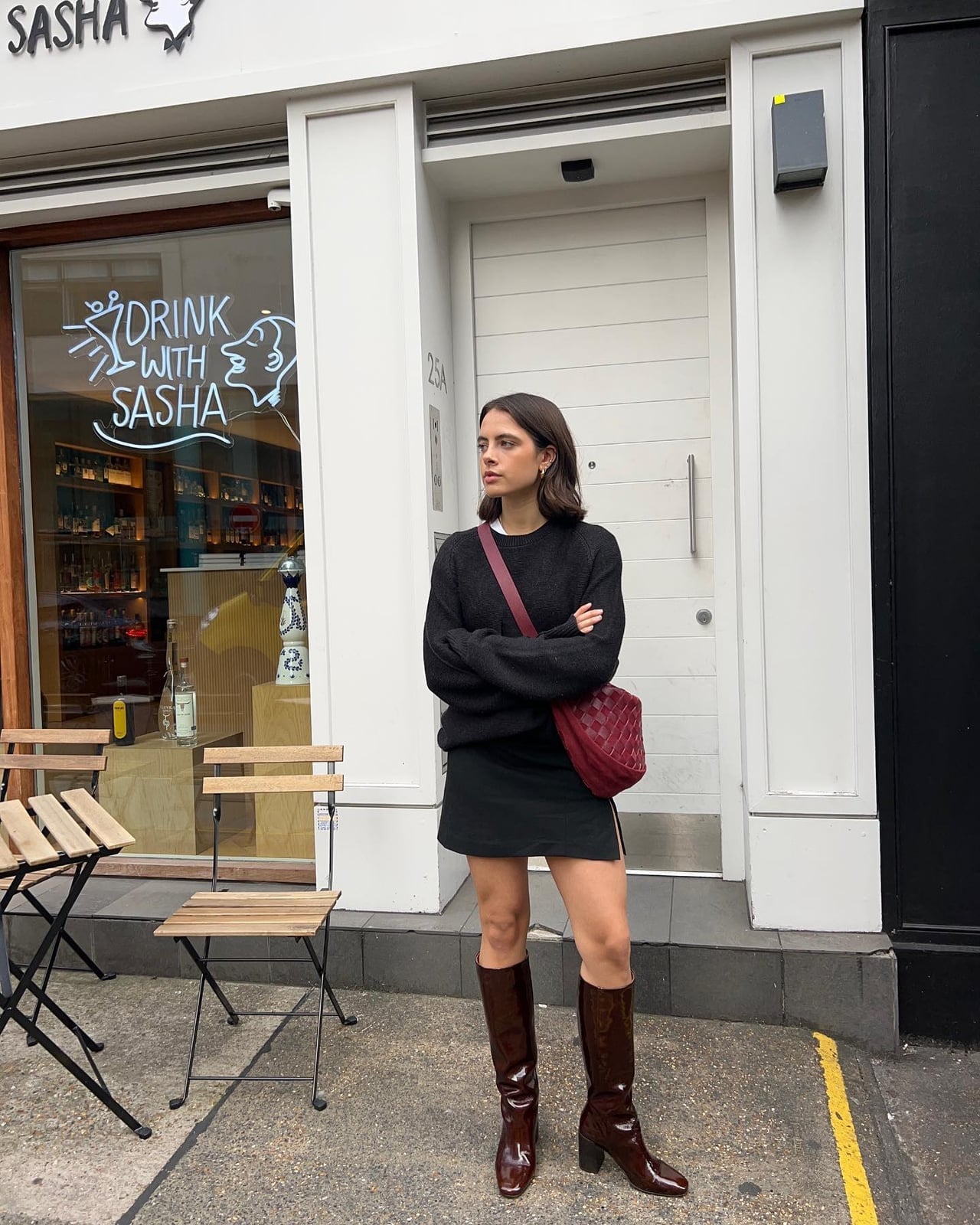 Burgundy Boots with Gray Sweater and Mini Skirt — Burgundy Boots Outfit