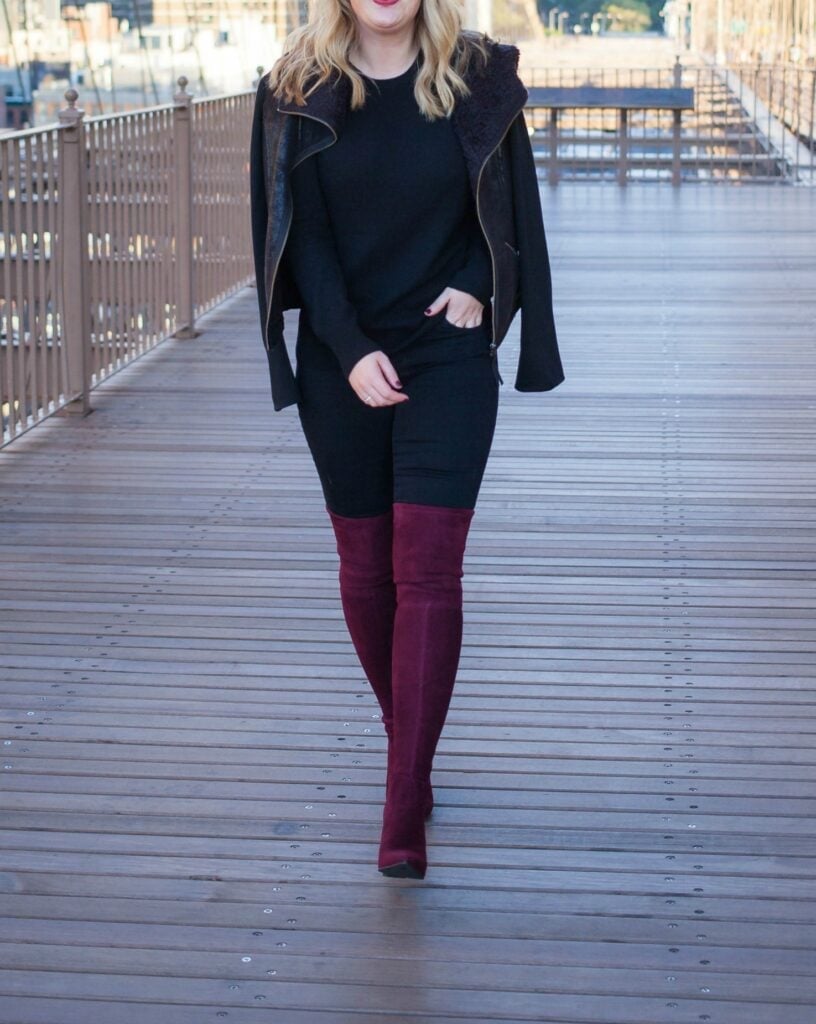Burgundy Boots with Leather Jacket and Black Top — Burgundy Boots Outfit