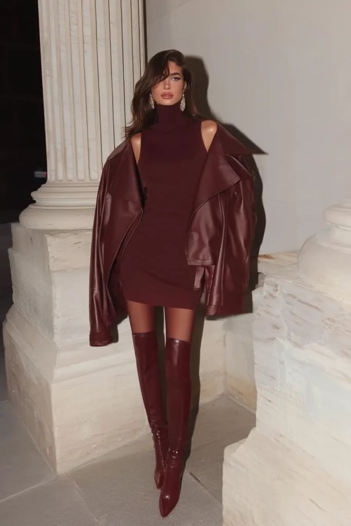 Burgundy Boots with Bodycon Dress and Leather Jacket — Burgundy Boots Outfit