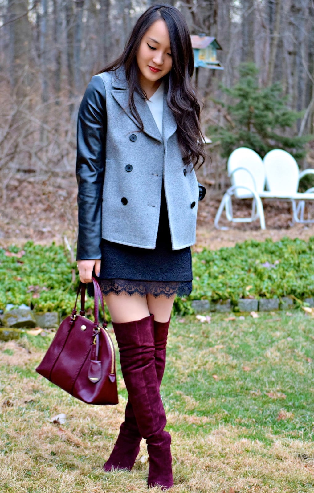 Burgundy Boots with Peplum Jacket and Lace Skirt — Burgundy Boots Outfit