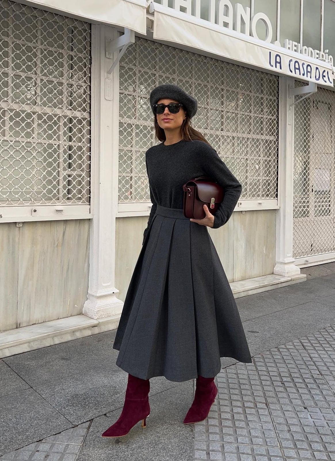 Burgundy Boots with Pleated Skirt and Beret — Burgundy Boots Outfit