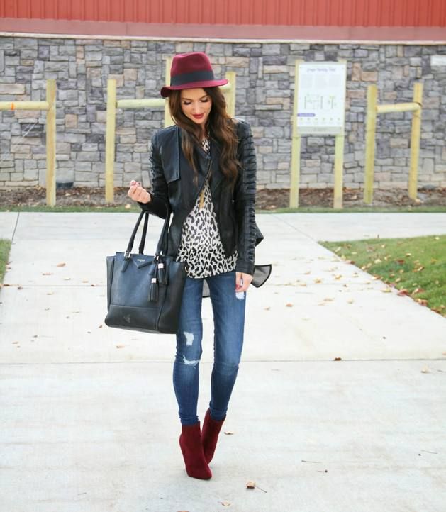 Burgundy Boots with Distressed Jeans and Fedora — Burgundy Boots Outfit