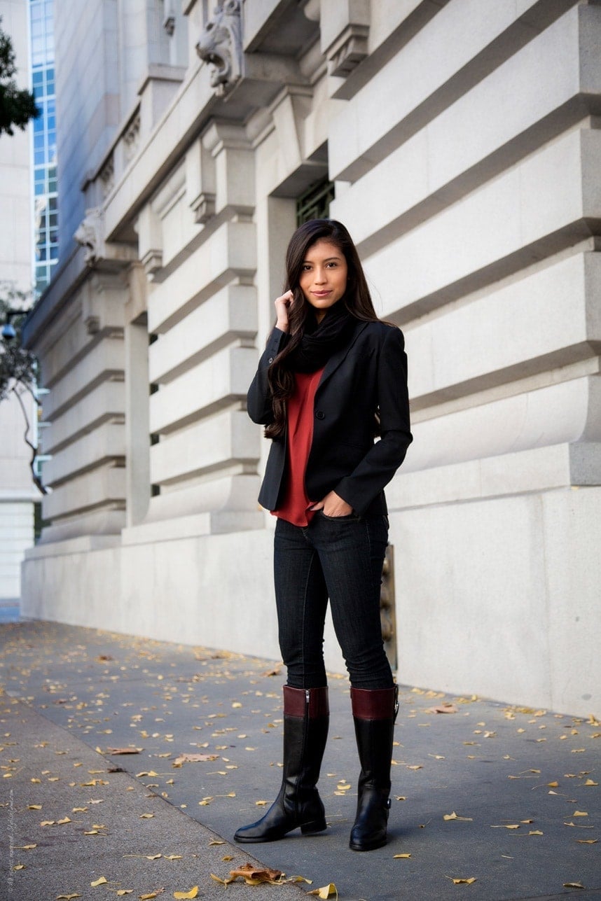 Black Boots with Burgundy Accents and Blazer — Burgundy Boots Outfit