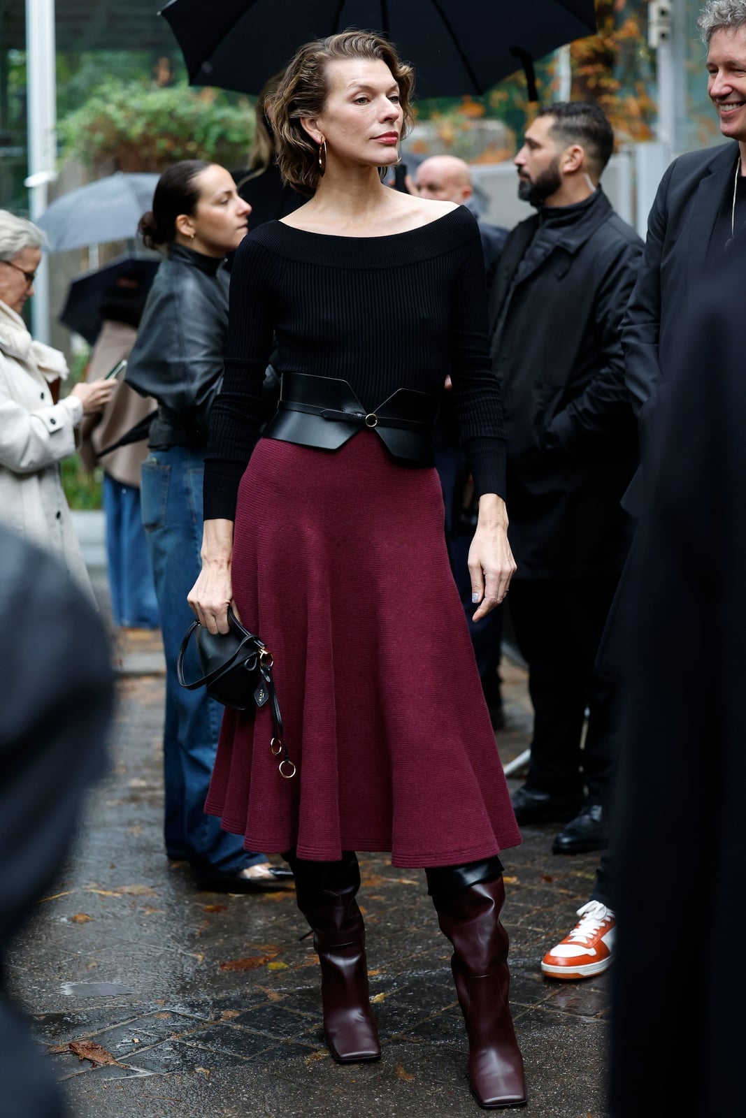 Burgundy Boots with Flared Skirt and Wide Belt — Burgundy Boots Outfit