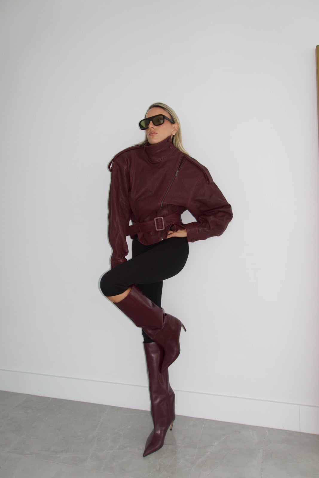 Burgundy Boots with Leggings and Leather Jacket — Burgundy Boots Outfit
