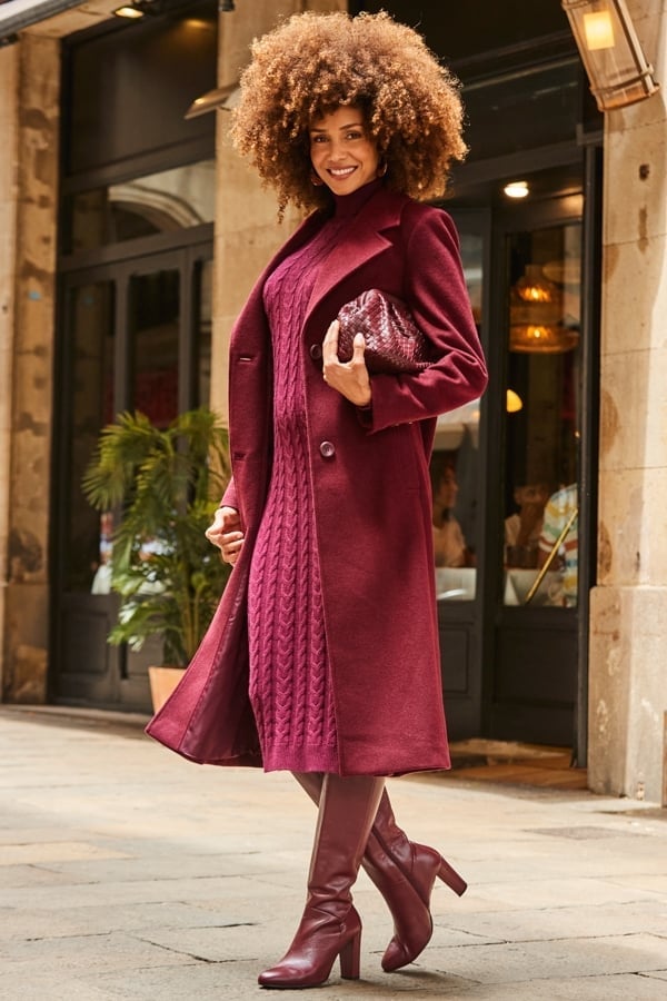 Monochromatic Burgundy Knit Dress and Boots — Burgundy Boots Outfit