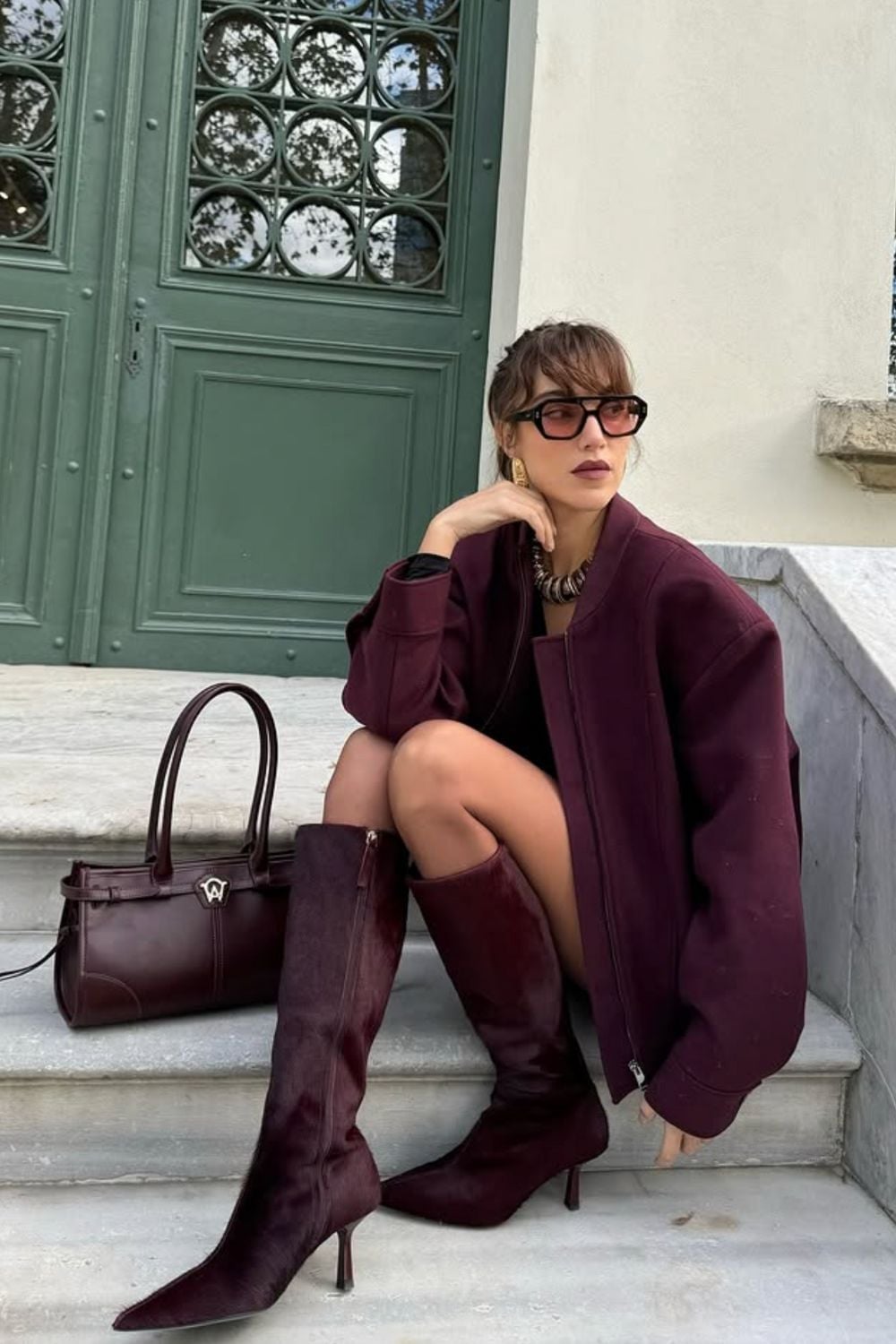 Burgundy Boots with Bomber Jacket and Necklace — Burgundy Boots Outfit