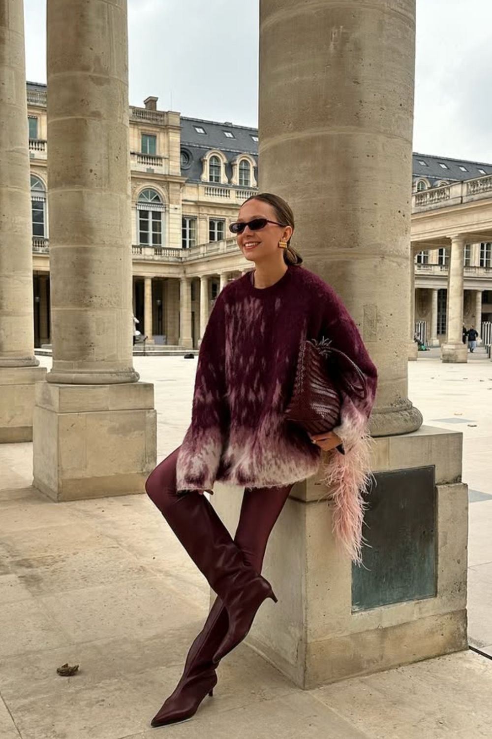 Burgundy Boots with Oversized Sweater and Clutch — Burgundy Boots Outfit