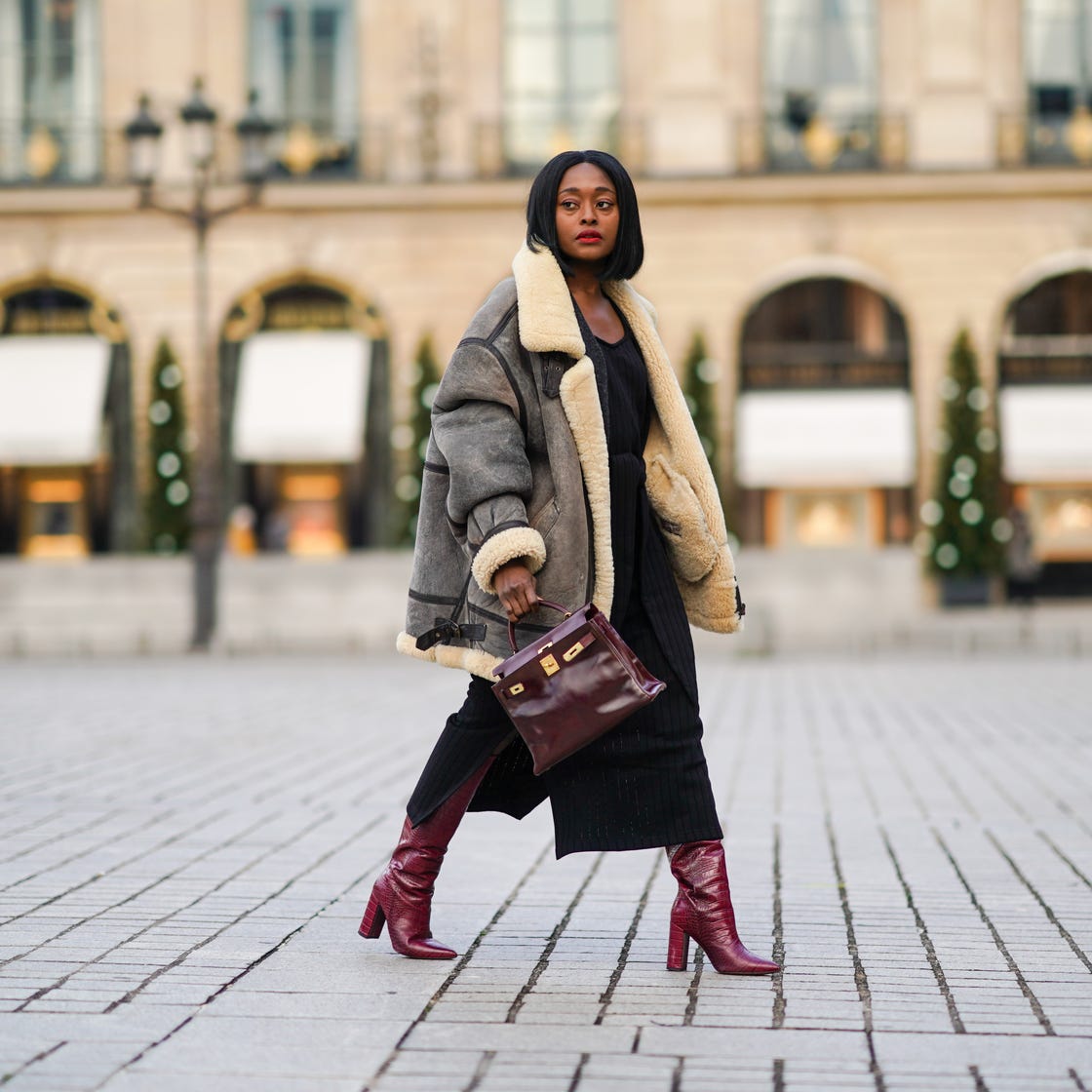 Burgundy Boots with Midi Dress and Shearling Jacket — Burgundy Boots Outfit