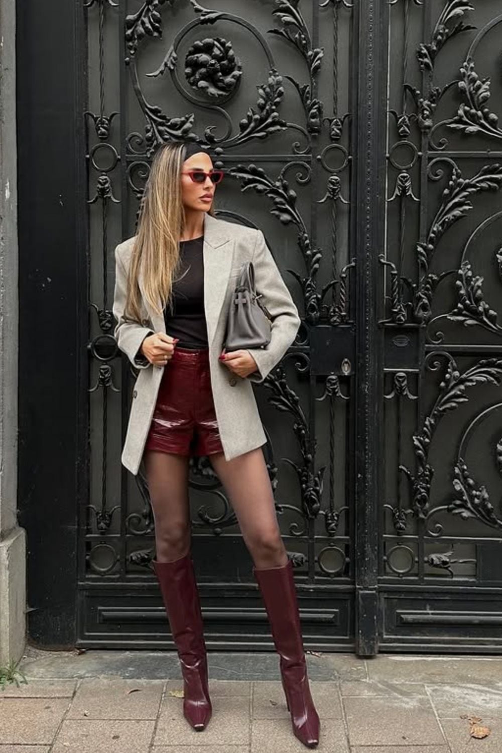 Burgundy Patent Boots with Shorts and Blazer — Burgundy Boots Outfit