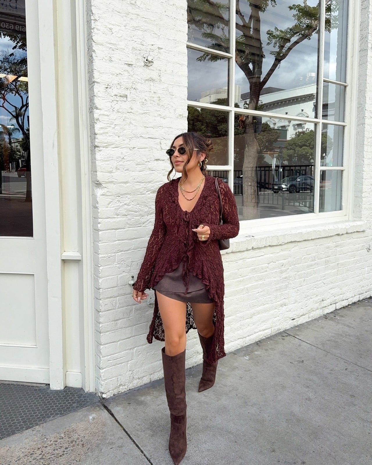Brown Boots with Burgundy Cardigan and Satin Shorts — Burgundy Boots Outfit