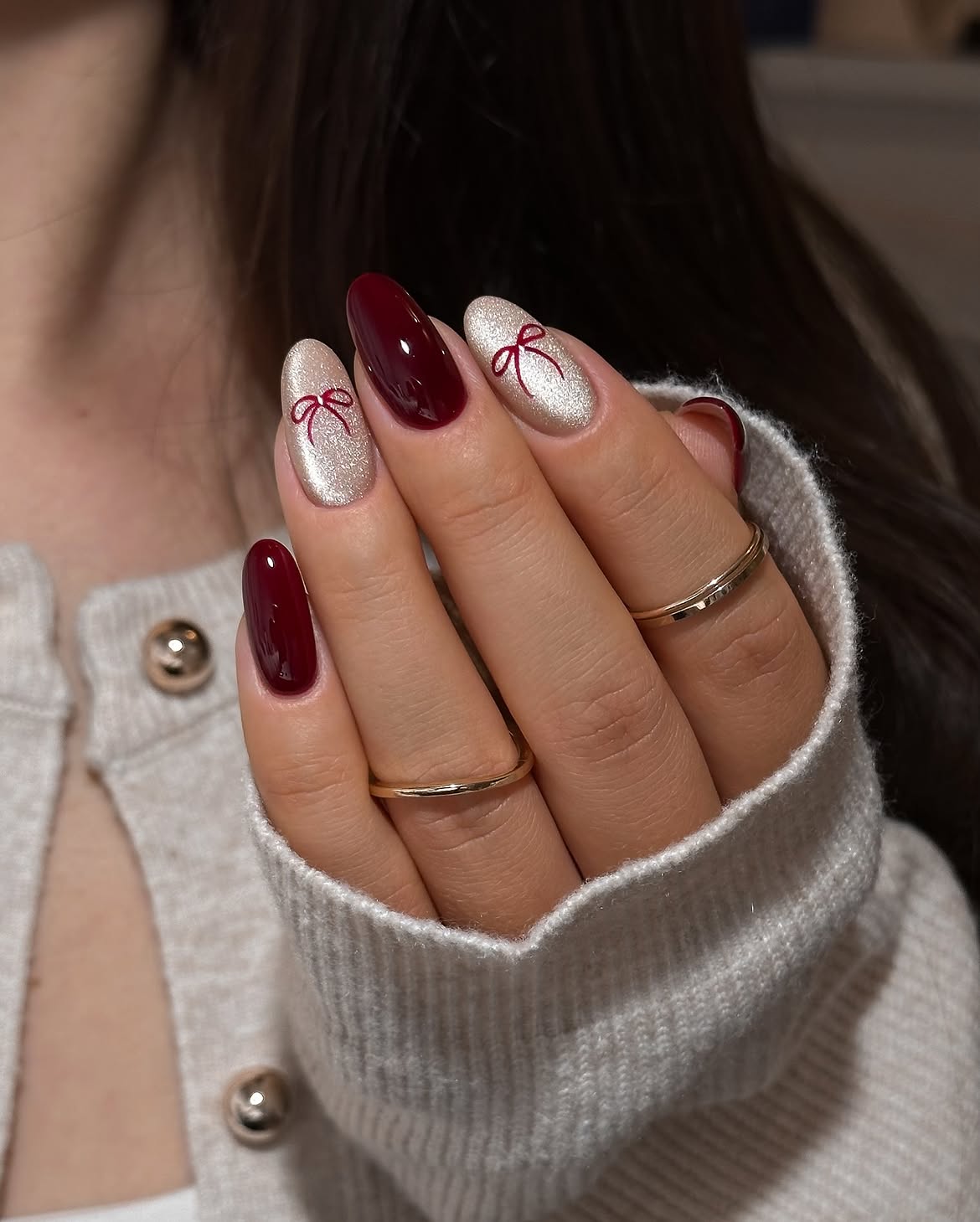 Burgundy & Champagne Bow Almond Nails