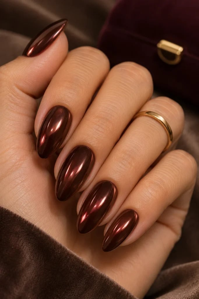 Deep Metallic Burgundy Chrome Almond Nails Deep Metallic Burgundy Chrome Almond Nails — Burgundy Chrome Nails