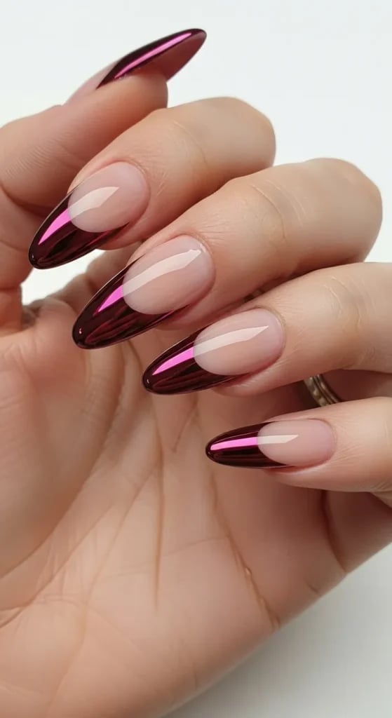 Almond French Tip Burgundy Chrome Almond French Tip Burgundy Chrome — Burgundy Chrome Nails