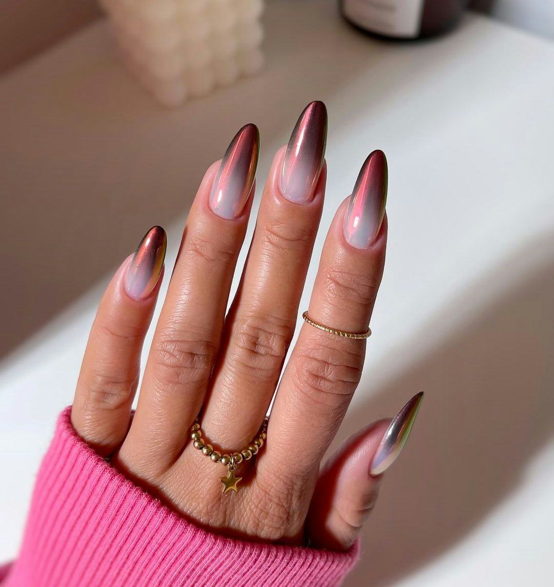 Short Almond Burgundy Green French Tips Short Almond Burgundy Green French Tips — Burgundy Chrome Nails