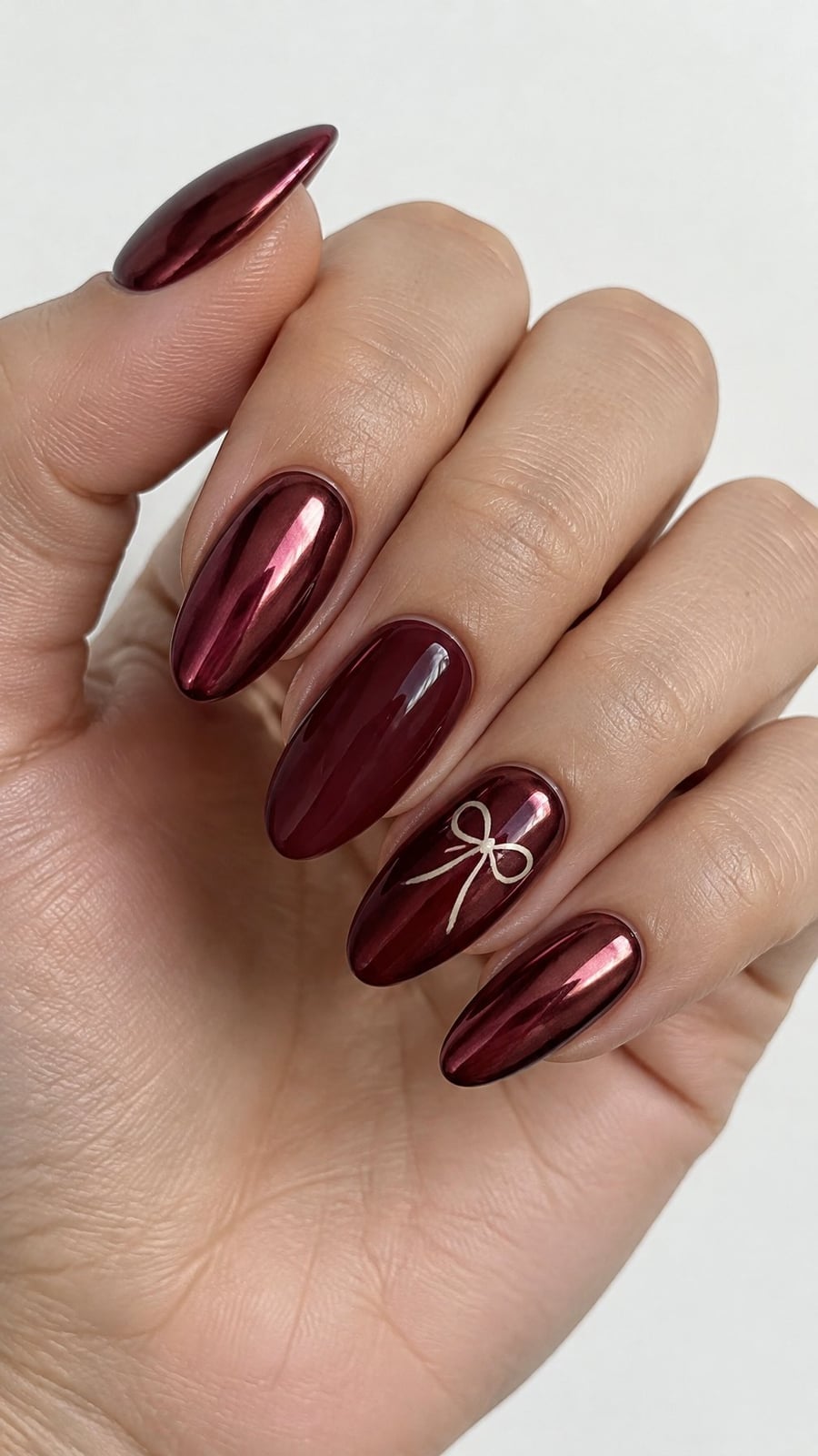 Almond Burgundy Chrome with White Bow Accent Almond Burgundy Chrome with White Bow Accent — Burgundy Chrome Nails