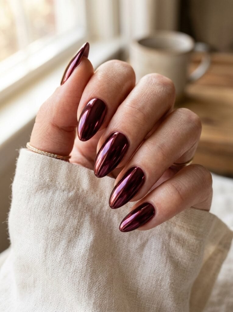 Medium Almond Burgundy Chrome Medium Almond Burgundy Chrome — Burgundy Chrome Nails