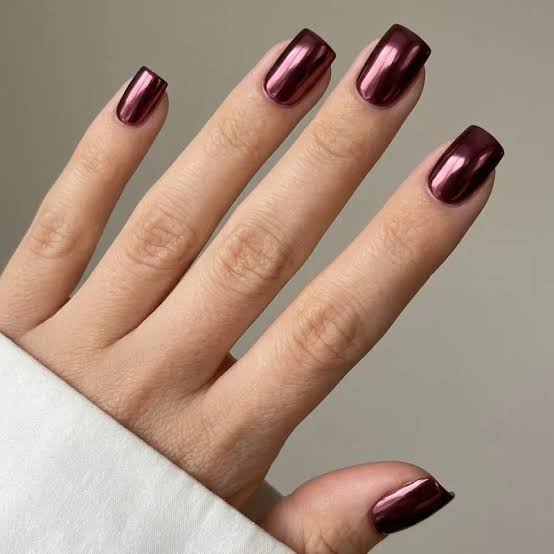 Short Square Burgundy Chrome Nails Short Square Burgundy Chrome Nails