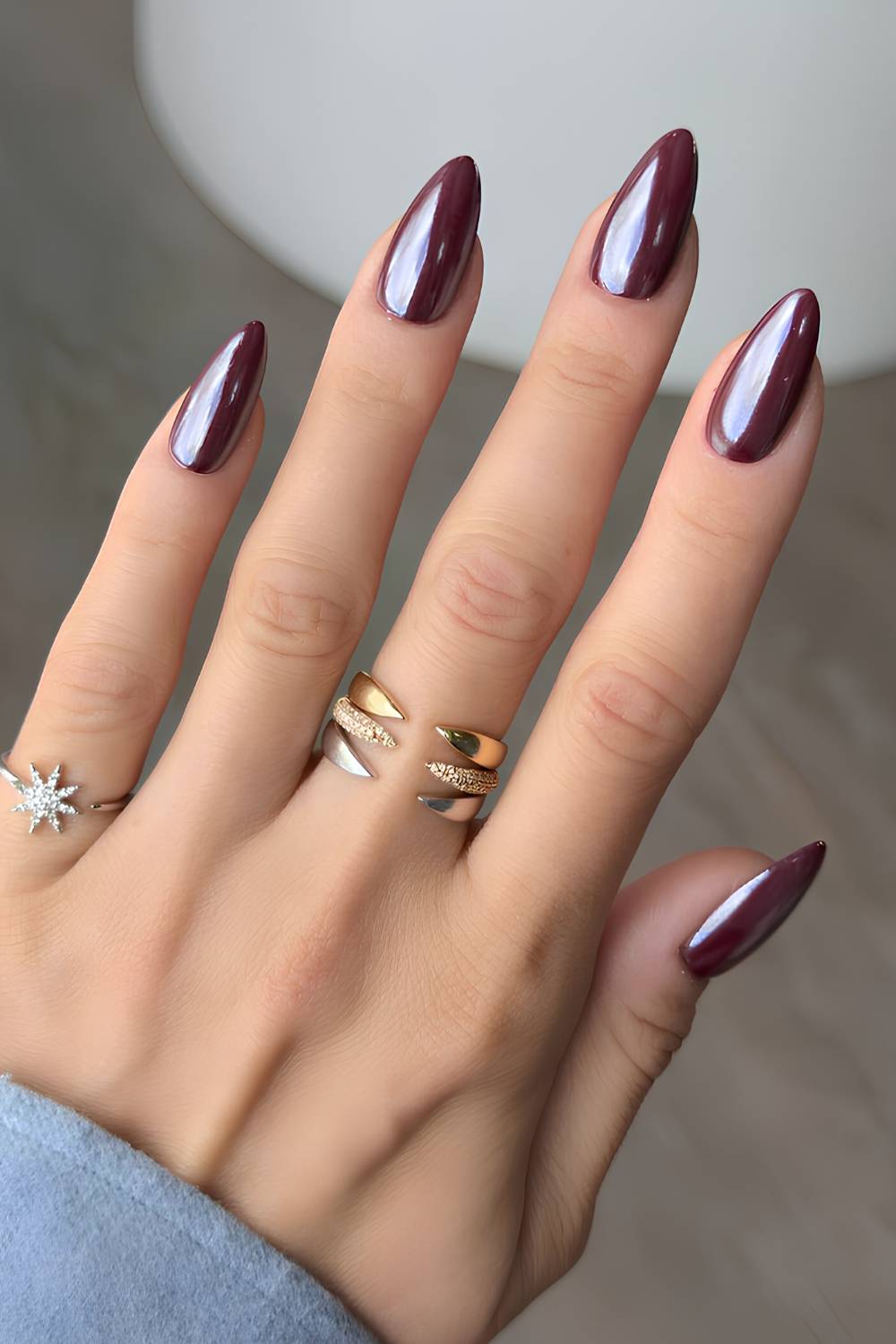 Long Almond Burgundy Chrome with Purple Undertones Long Almond Burgundy Chrome with Purple Undertones — Burgundy Chrome Nails