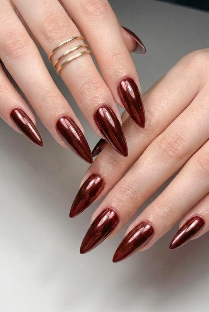 Long Stiletto Dark Burgundy Chrome Long Stiletto Dark Burgundy Chrome — Burgundy Chrome Nails