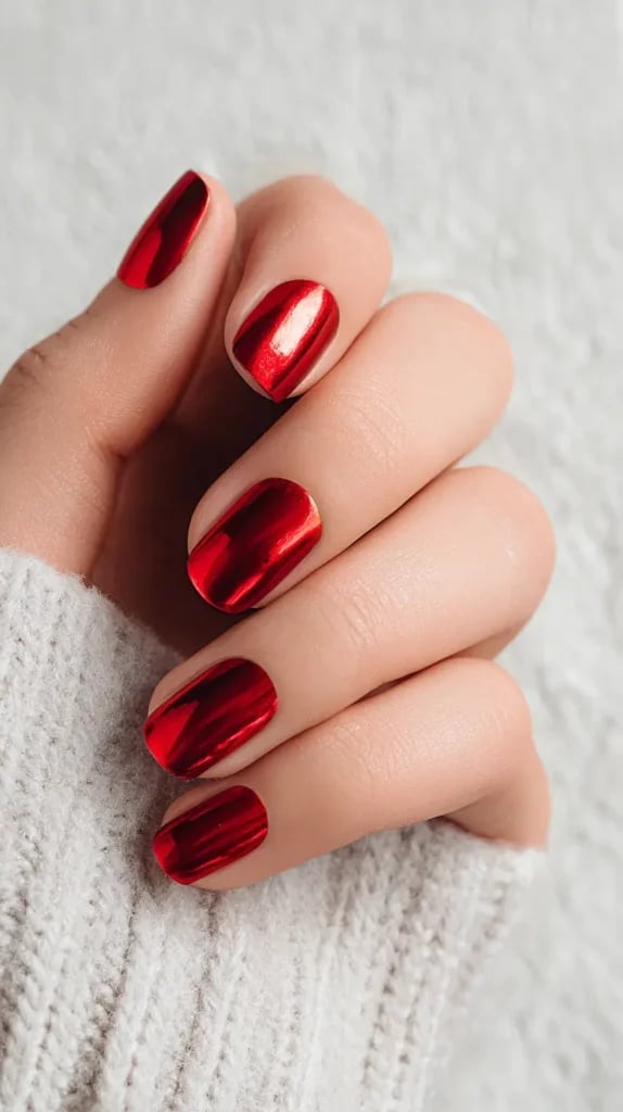 Short Oval Bright Red Chrome Nails Short Oval Bright Red Chrome Nails — Burgundy Chrome Nails