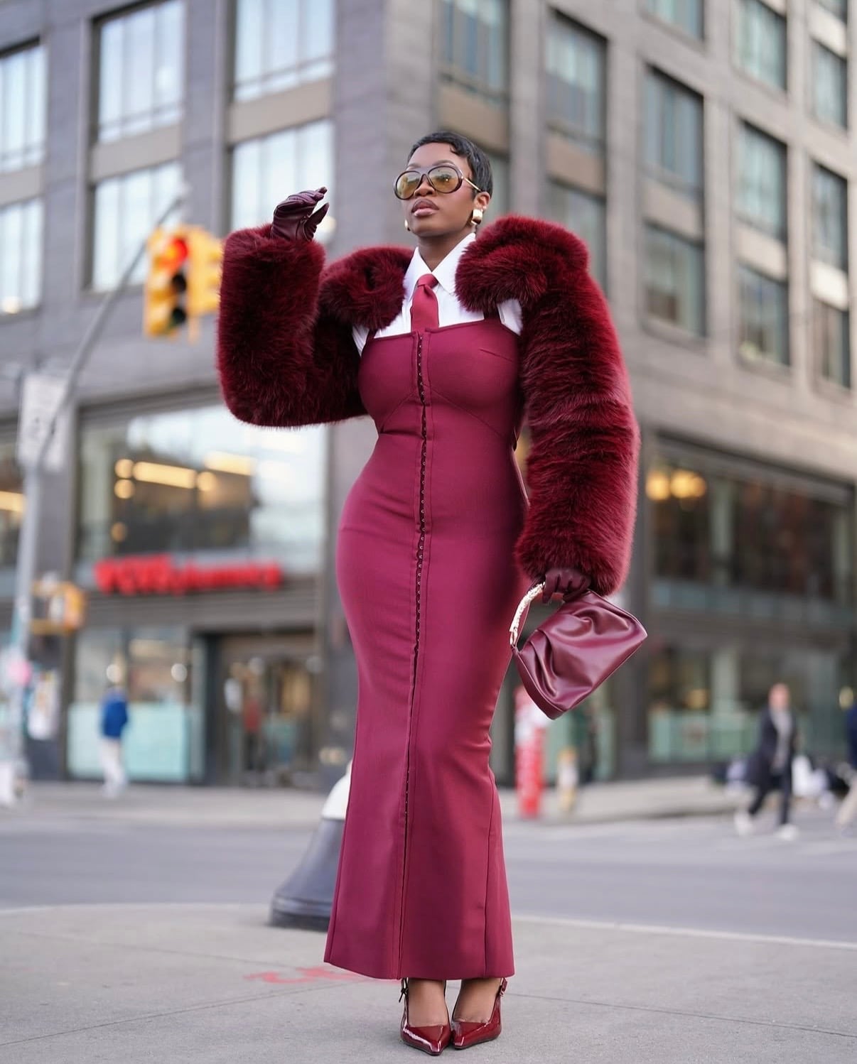 Burgundy Dress with Faux Fur and Collared Shirt — Burgundy Dress Outfit