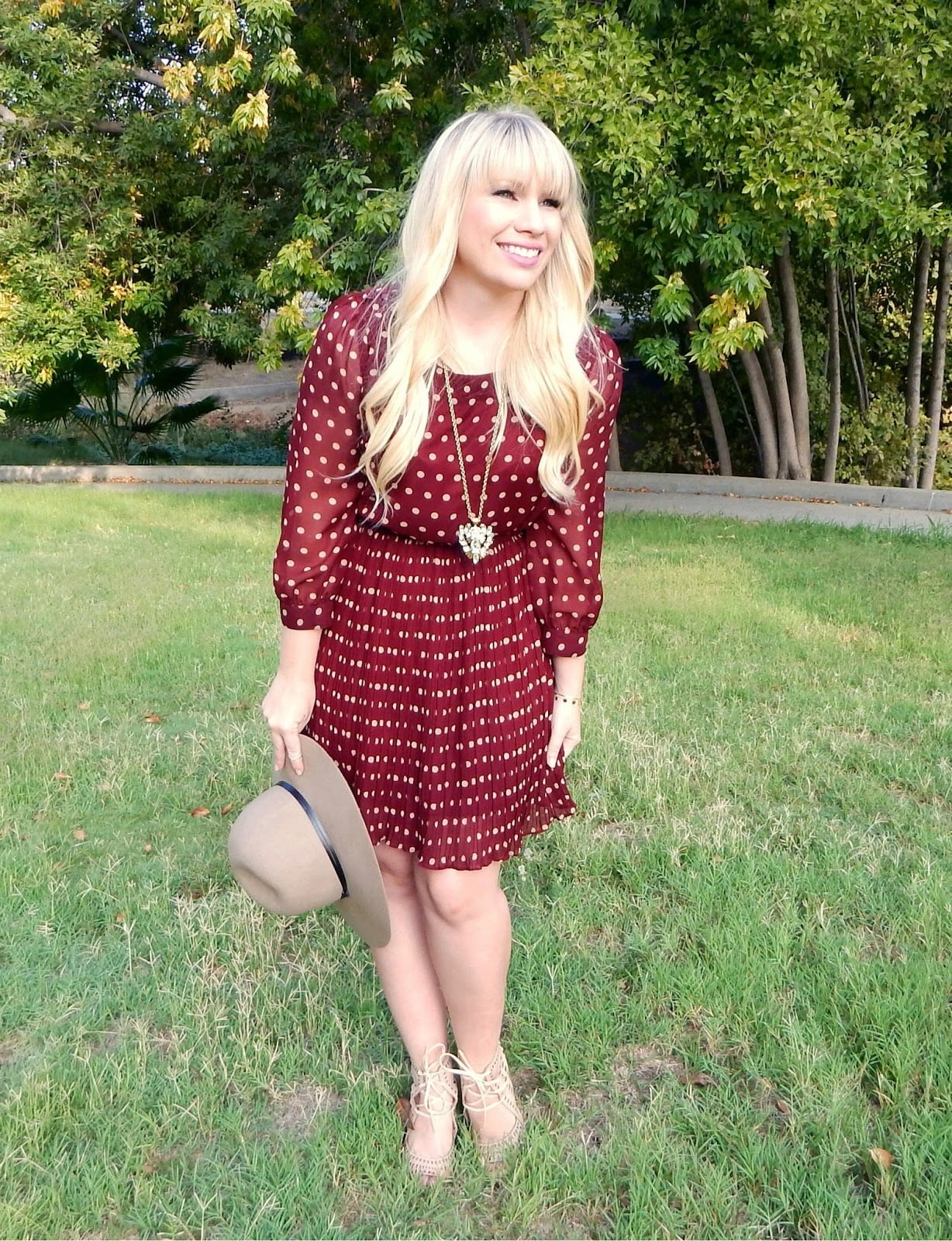 Burgundy Polka Dot Pleated Dress with Flats — Burgundy Dress Outfit