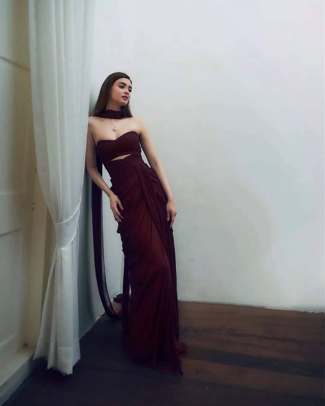 Burgundy Strapless Draped Dress with Sheer Overlay — Burgundy Dress Outfit