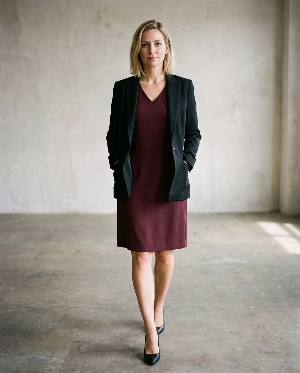 Burgundy Sheath Dress with Black Blazer — Burgundy Dress Outfit