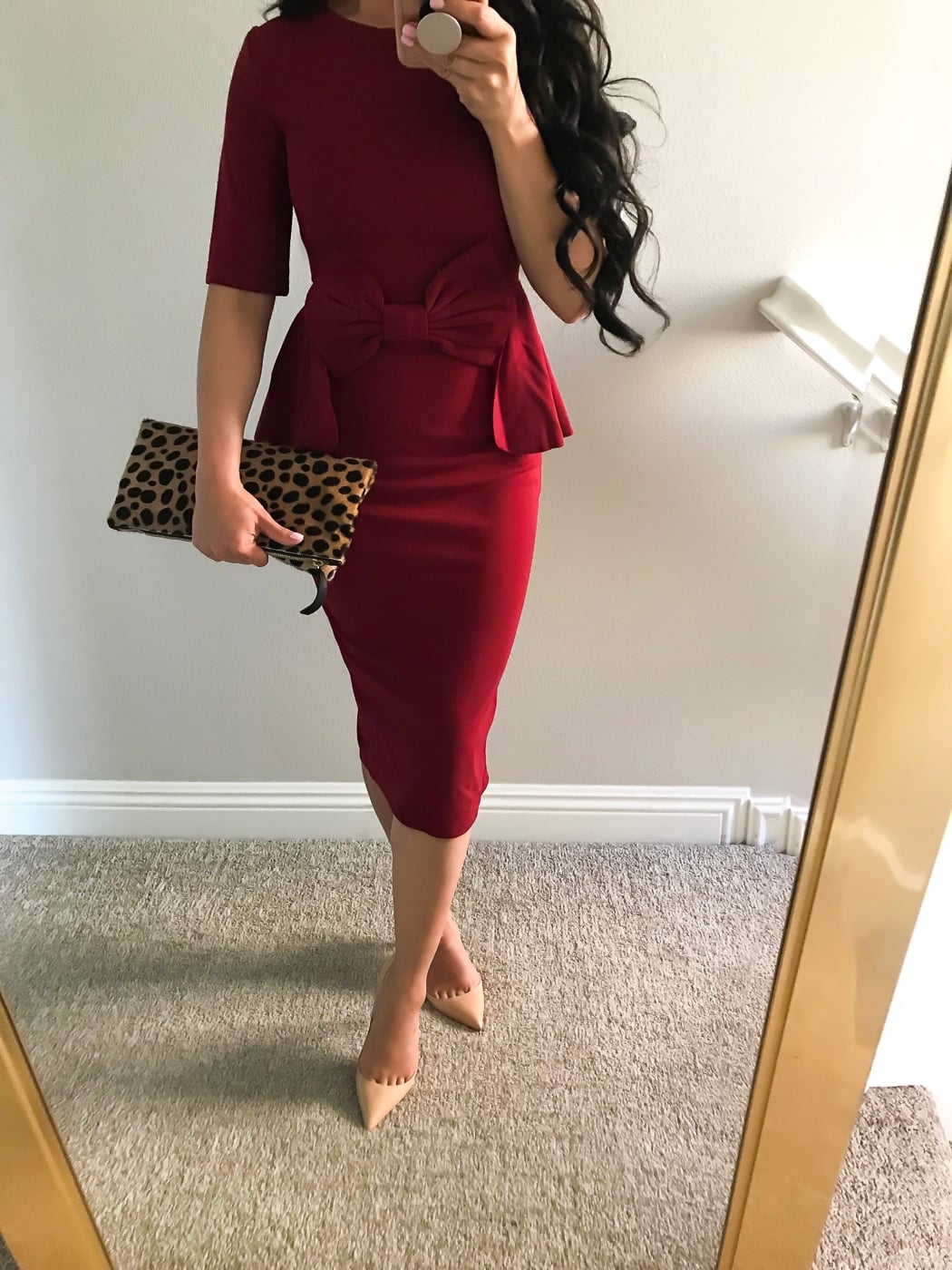 Burgundy Crepe Dress with Peplum Waist and Bow — Burgundy Dress Outfit