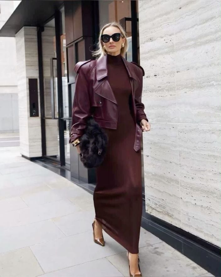 Burgundy Column Dress with Oversized Leather Jacket — Burgundy Dress Outfit