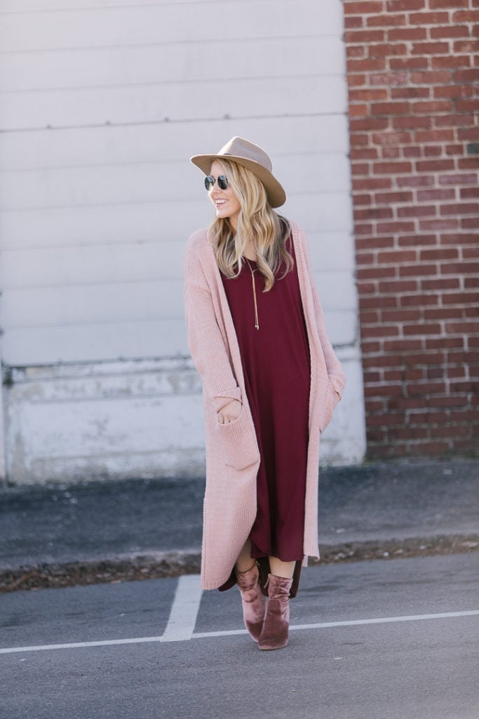 Burgundy Midi Dress with Pink Knit Cardigan — Burgundy Dress Outfit