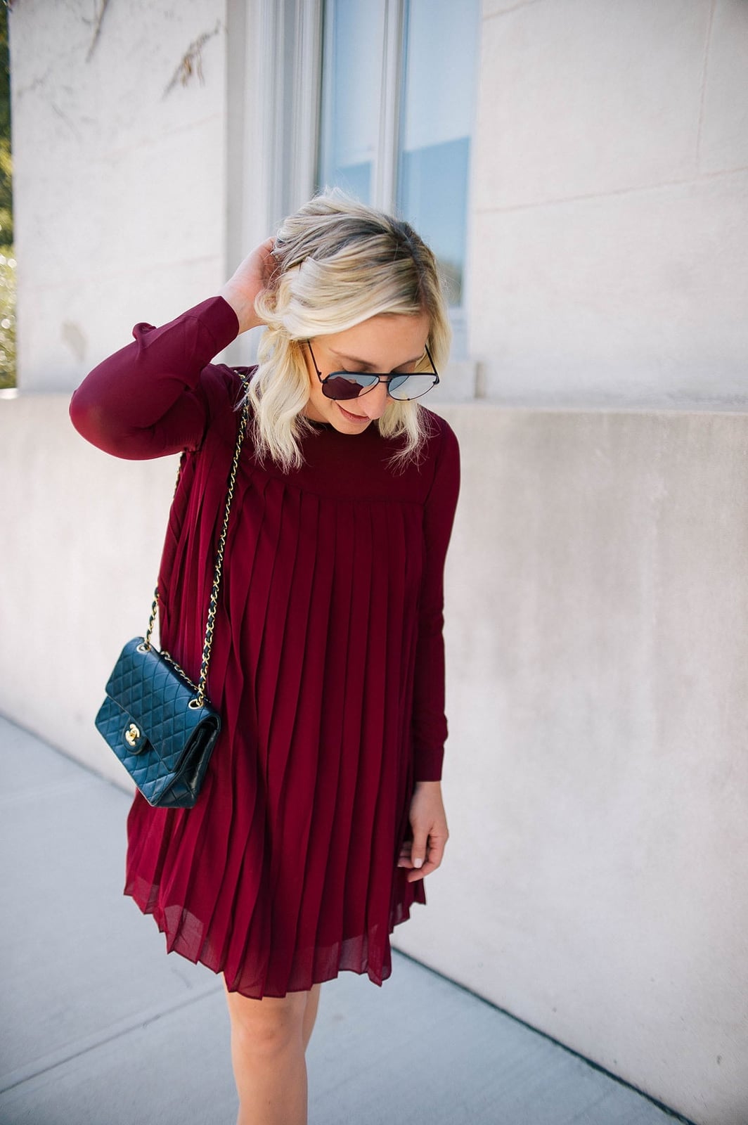 Burgundy A-Line Dress with Cream Cardigan — Burgundy Dress Outfit