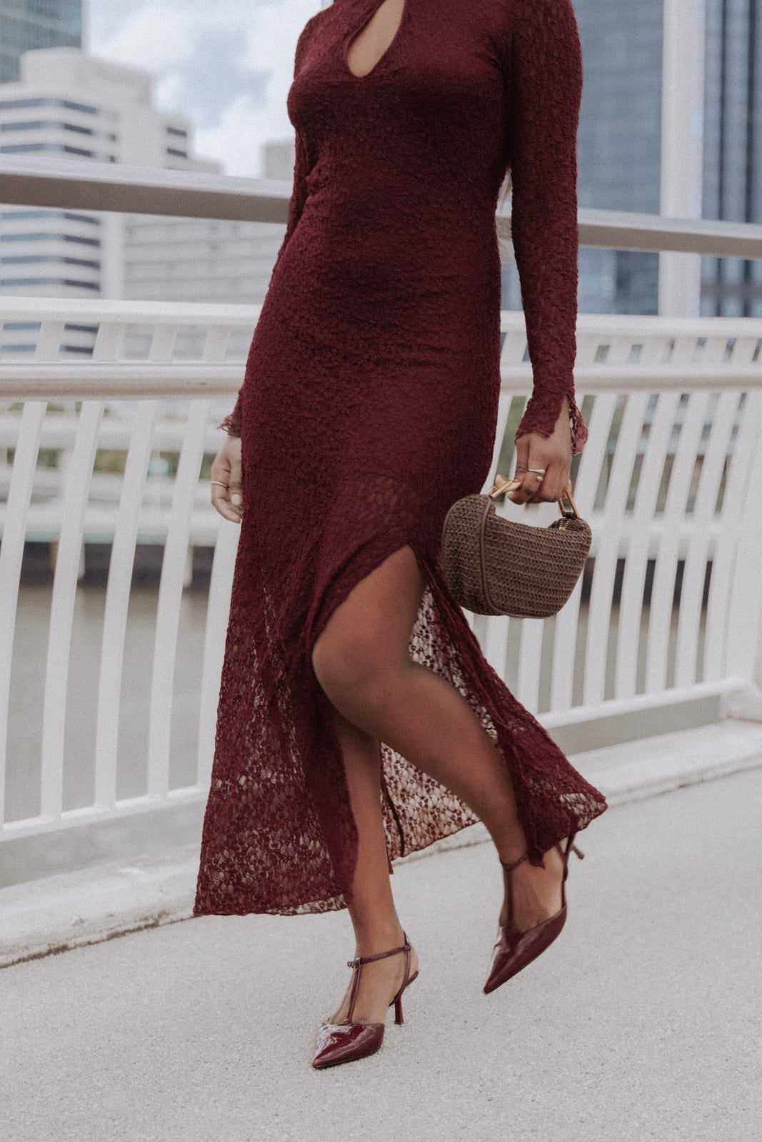 Burgundy Lace Maxi Dress with Keyhole Neckline — Burgundy Dress Outfit