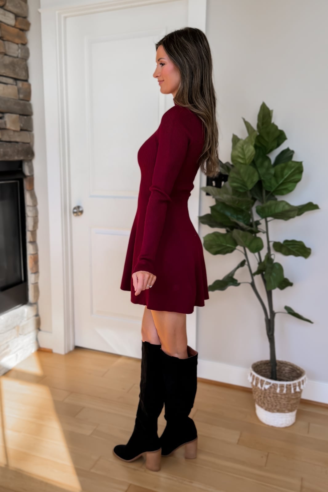 Burgundy Knit Fit and Flare Mini Dress — Burgundy Dress Outfit