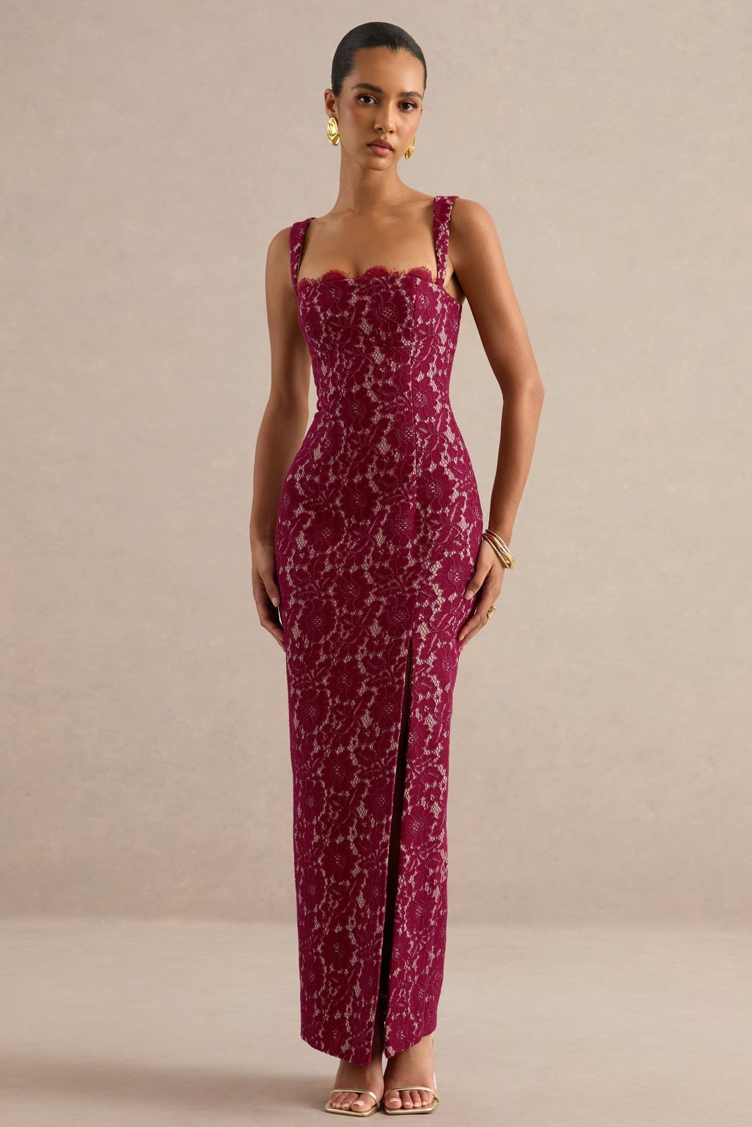 Burgundy Satin Ruched Maxi Dress with High Neck — Burgundy Dress Outfit