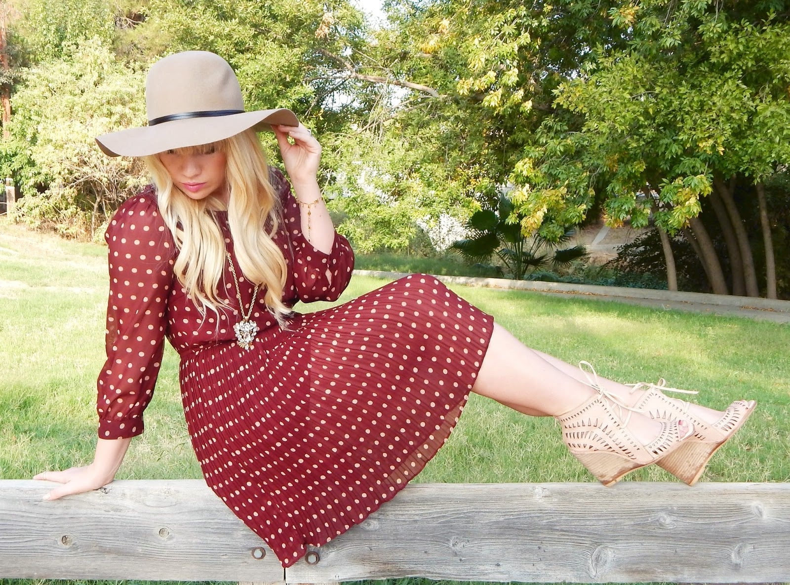 Burgundy Polka Dot Midi Dress with Pleated Skirt — Burgundy Dress Outfit