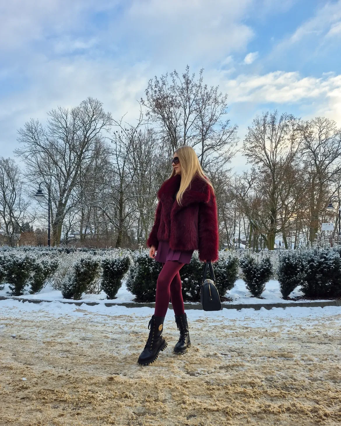 Burgundy Faux Fur Coat And Mini Skirt Winter Look