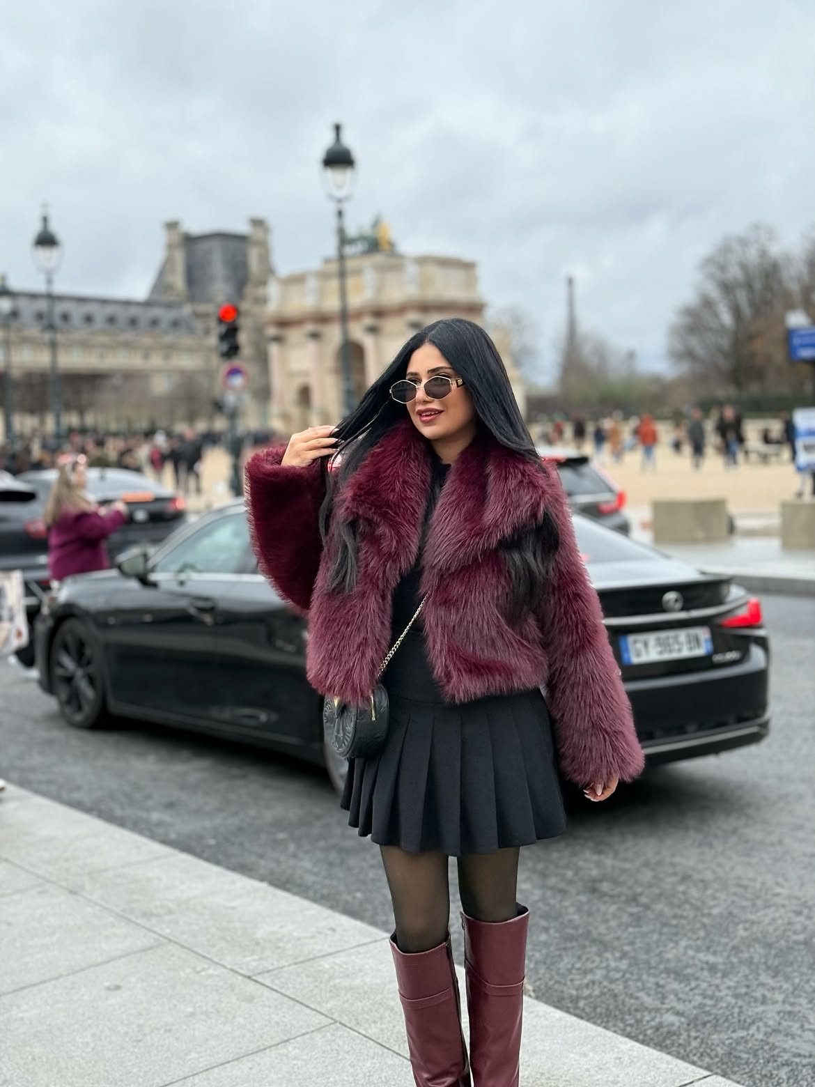 Burgundy Faux Fur Jacket And Pleated Skirt Look