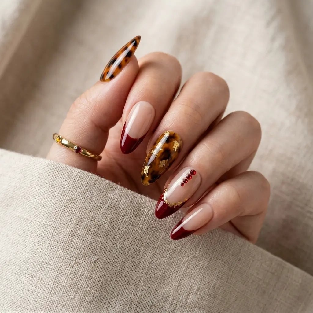Deep Burgundy French Tip Tortoise Shell Accent Nails — Burgundy Nails Art