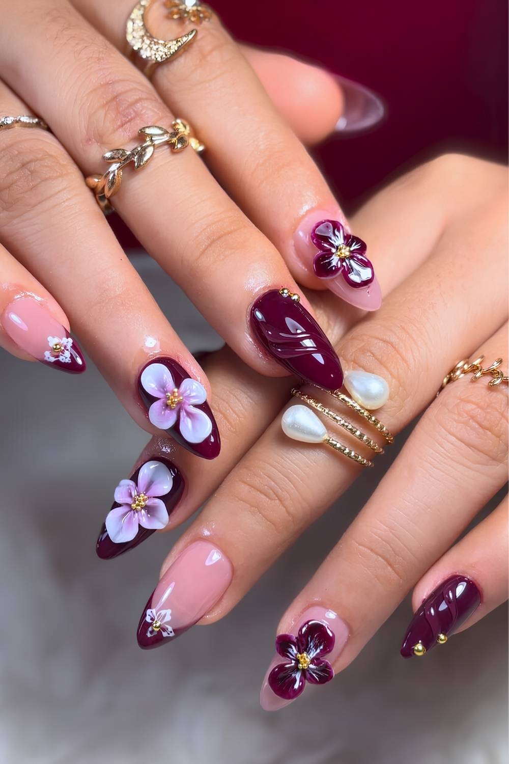 Long Stiletto Nails With 3D Flowers And Gold Accents, Close-Up Take — Burgundy Nails Art