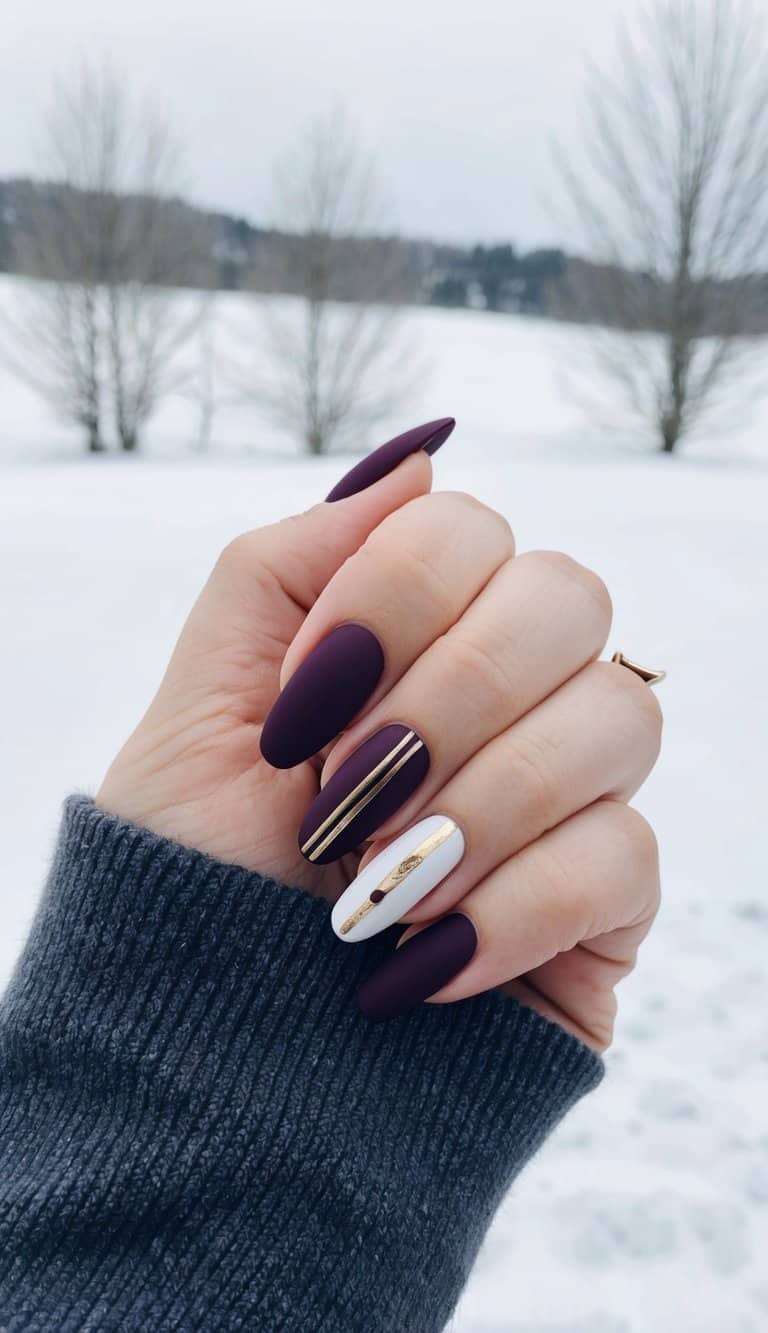 Matte Burgundy Nails With White Gold Stripe and мягкий квадрат — Burgundy Nails Art