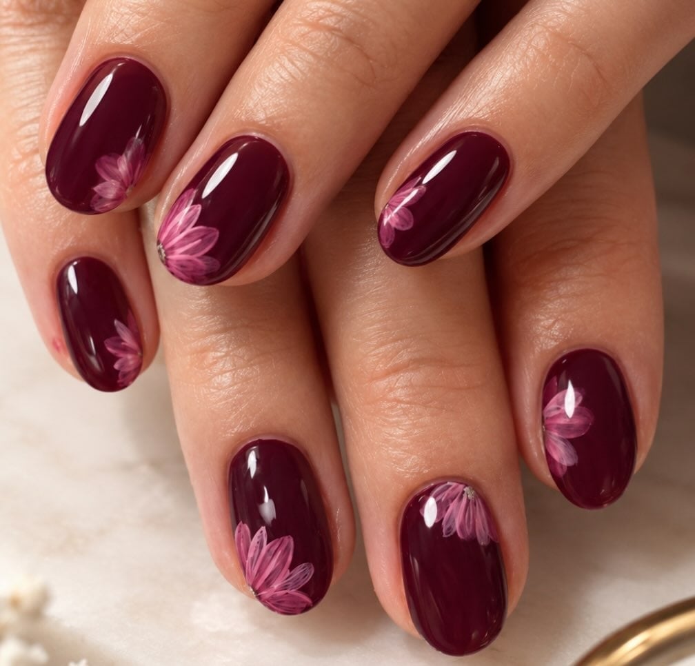 Medium Oval Nails With Pink Floral Art — Burgundy Nails Art
