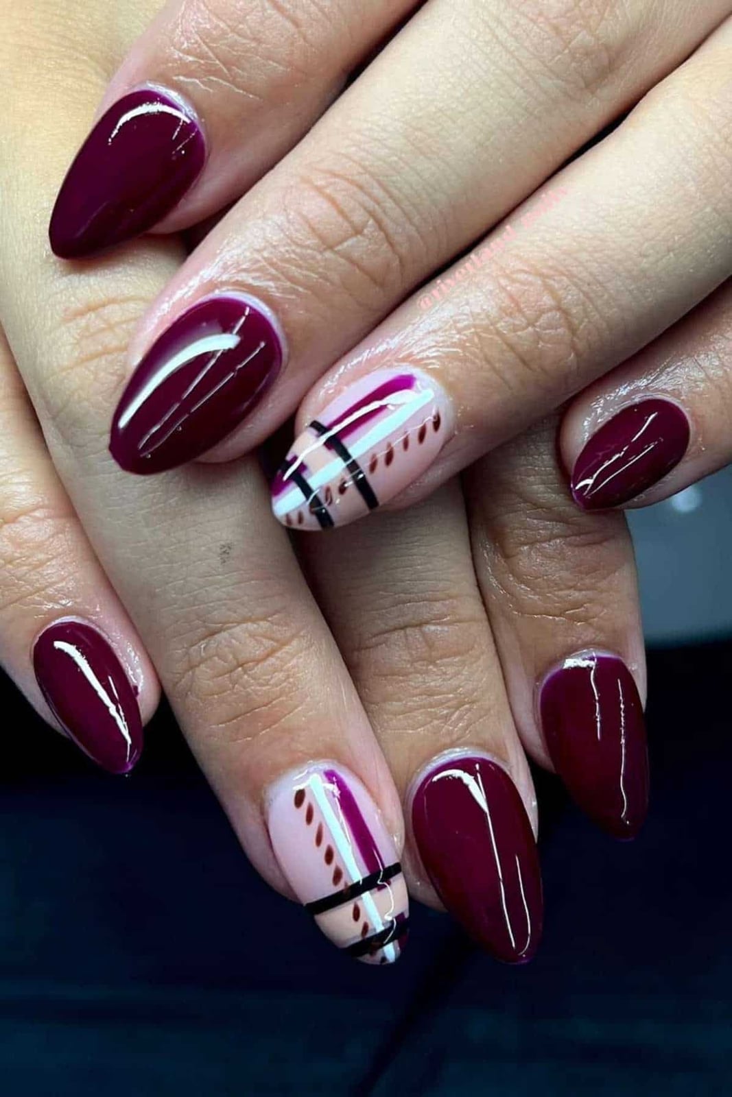 Medium Almond Nails With Burgundy Plaid Accents — Burgundy Nails Art