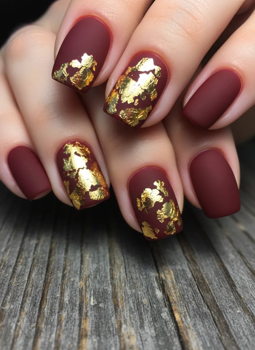 Short Square Nails With Matte Burgundy Gold Foil — Burgundy Nails Art